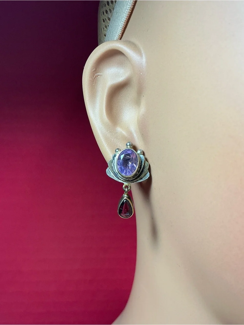 Vintage Sterling Silver Yossi Ezra Studio “ YES “ Earrings W/ Purple & Red ston.